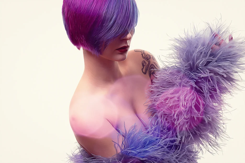 Artistic portrait of a model with purple hair.
